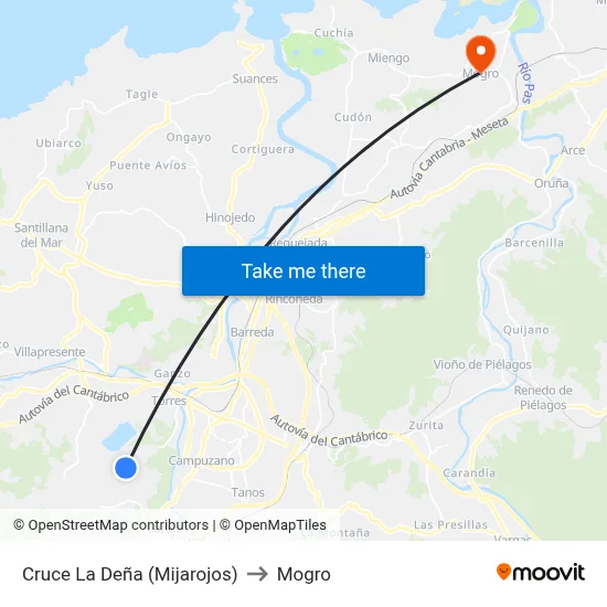Cruce La Deña (Mijarojos) to Mogro map