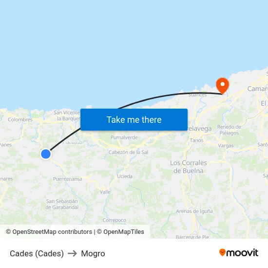 Cades (Cades) to Mogro map
