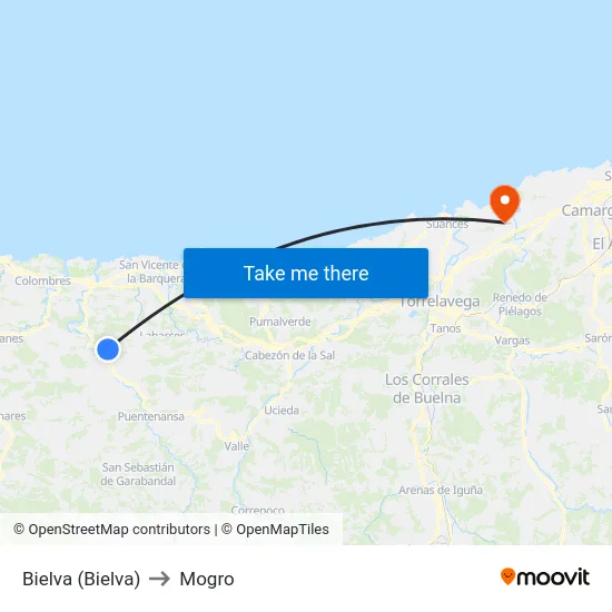 Bielva (Bielva) to Mogro map