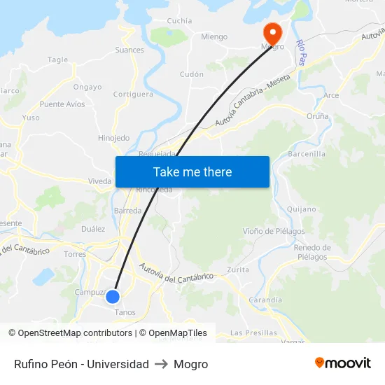 Rufino Peón - Universidad to Mogro map