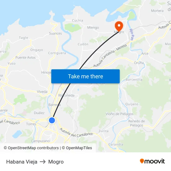 Habana Vieja to Mogro map