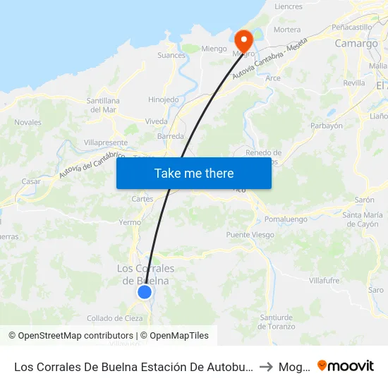 Los Corrales De Buelna Estación De Autobuses to Mogro map