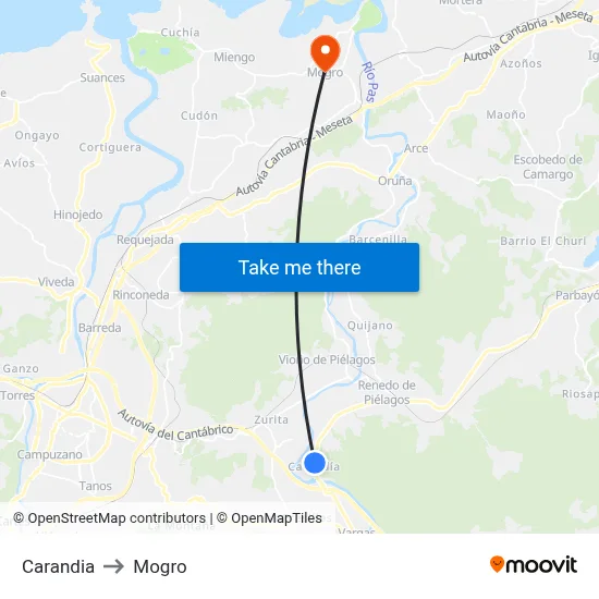 Carandia to Mogro map