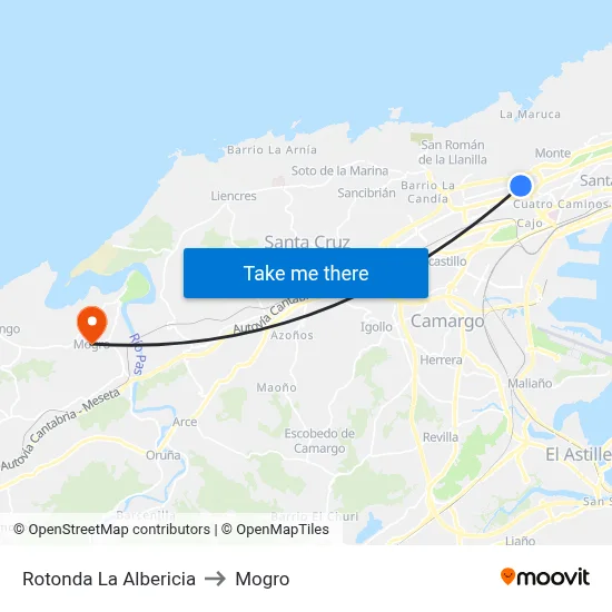 Rotonda La Albericia to Mogro map