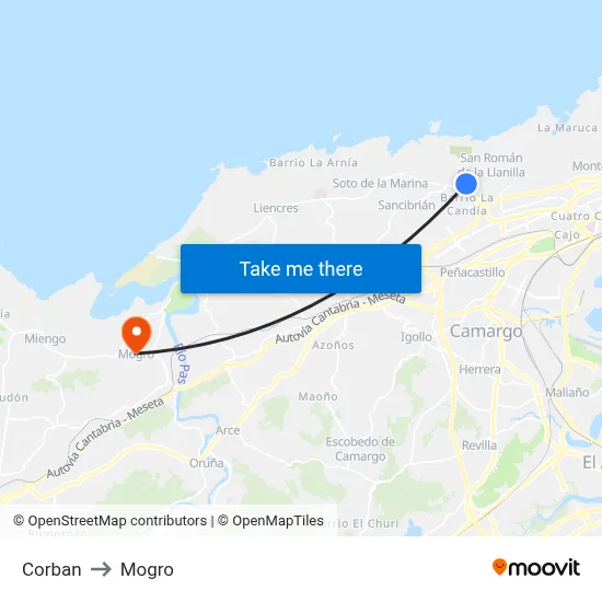 Corban to Mogro map