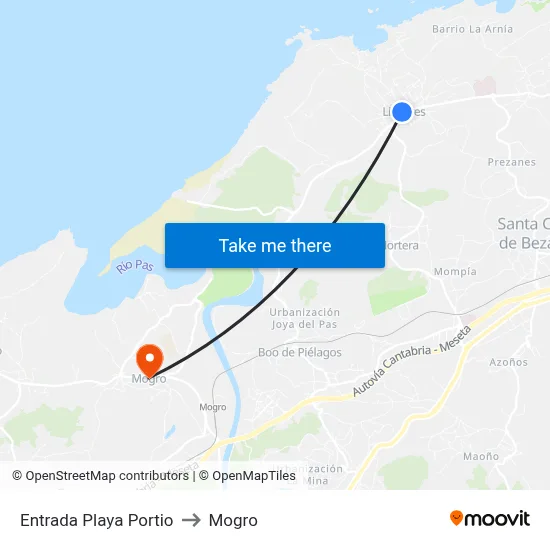 Entrada Playa Portio to Mogro map