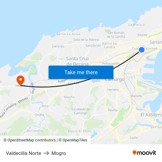 Valdecilla Norte to Mogro map