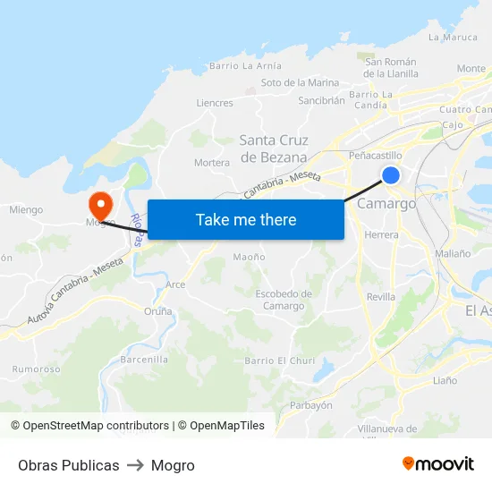 Obras Publicas to Mogro map