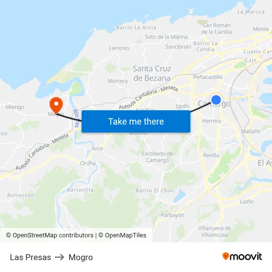 Las Presas to Mogro map