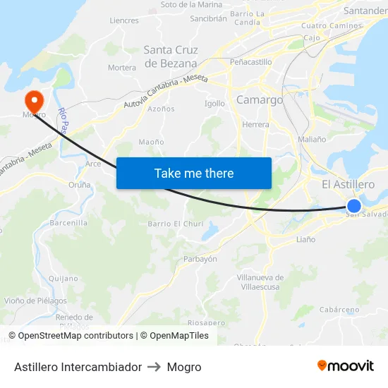 Astillero Intercambiador to Mogro map