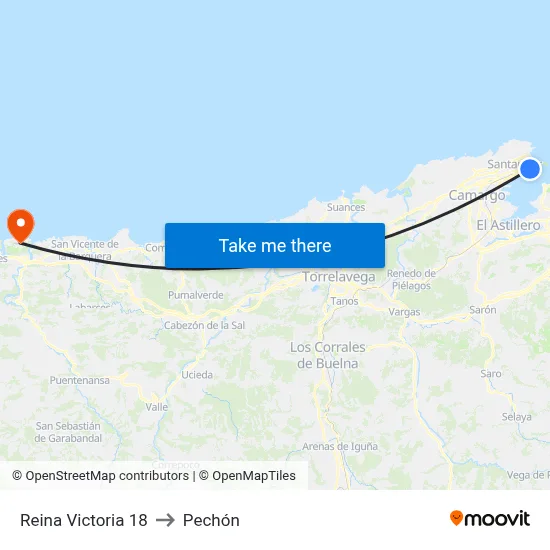 Reina Victoria 18 to Pechón map