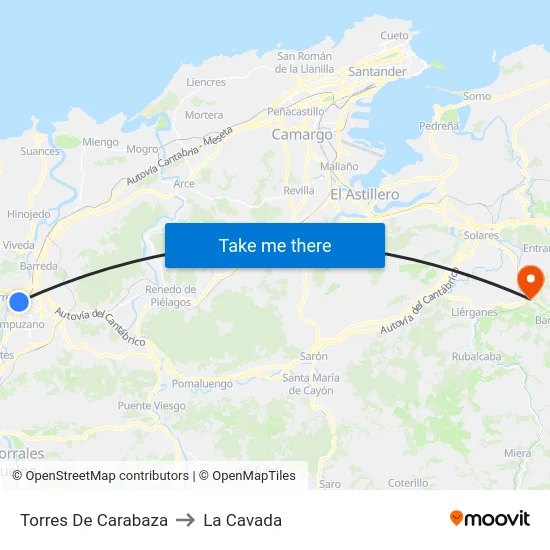 Torres De Carabaza to La Cavada map