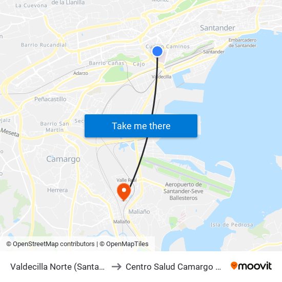 Valdecilla Norte (Santander) to Centro Salud Camargo Costa map