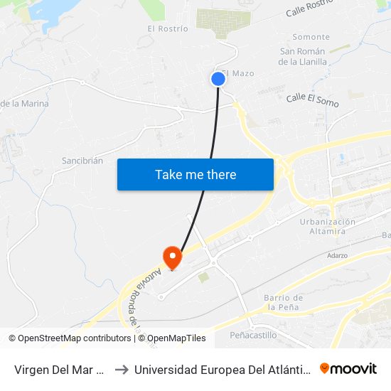Virgen Del Mar 18 to Universidad Europea Del Atlántico map