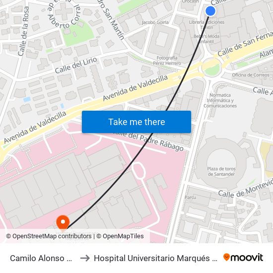 Camilo Alonso Vega 10 to Hospital Universitario Marqués De Valdecilla map