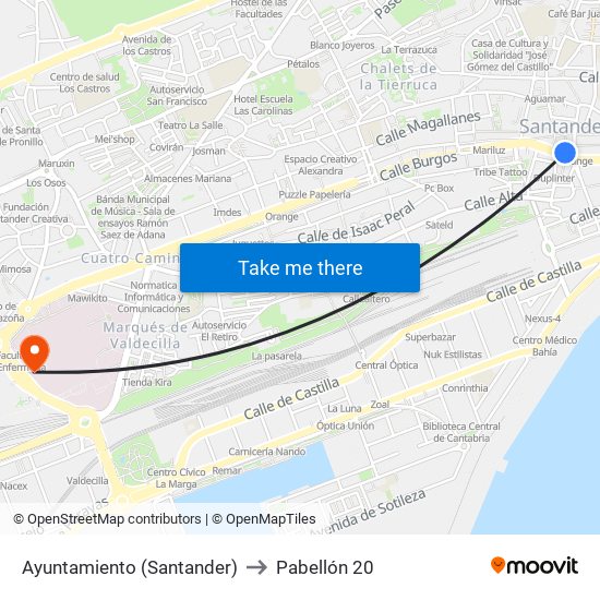 Ayuntamiento (Santander) to Pabellón 20 map