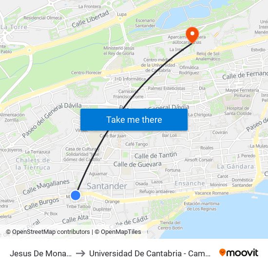 Jesus De Monasterio 12 to Universidad De Cantabria - Campus De Santander map