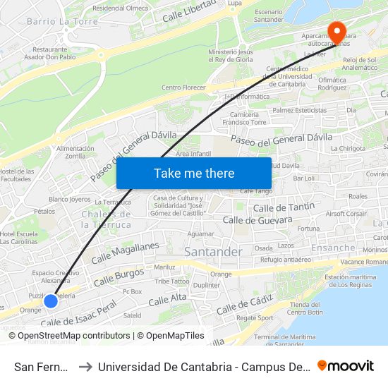 San Fernando to Universidad De Cantabria - Campus De Santander map