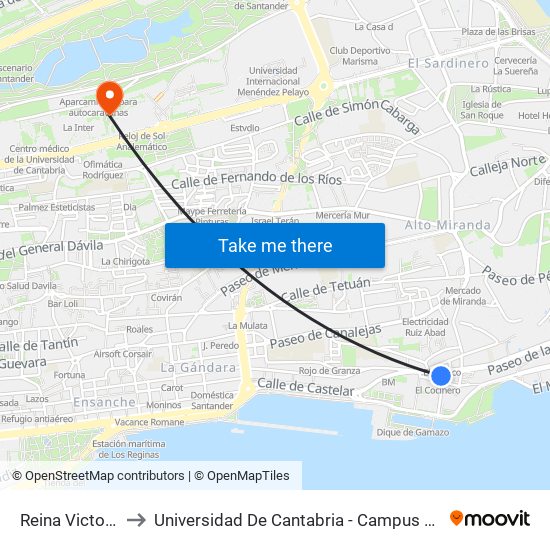 Reina Victoria 18 to Universidad De Cantabria - Campus De Santander map