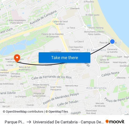 Parque Piquio to Universidad De Cantabria - Campus De Santander map