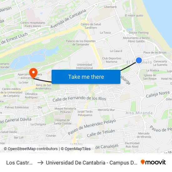 Los Castros 20 to Universidad De Cantabria - Campus De Santander map