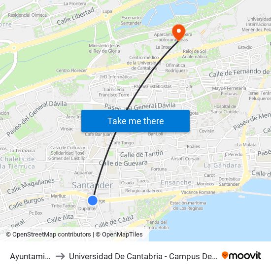 Ayuntamiento to Universidad De Cantabria - Campus De Santander map