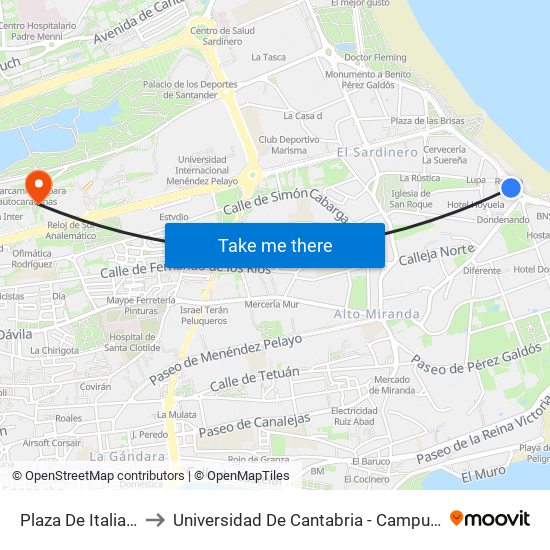 Plaza De Italia Casino to Universidad De Cantabria - Campus De Santander map