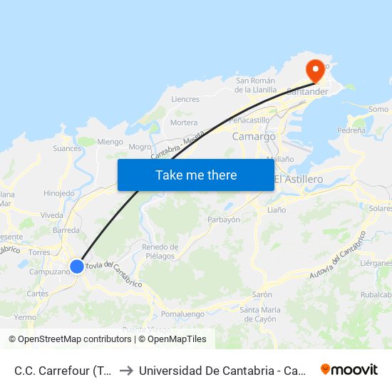 C.C. Carrefour (Torrelavega) to Universidad De Cantabria - Campus De Santander map