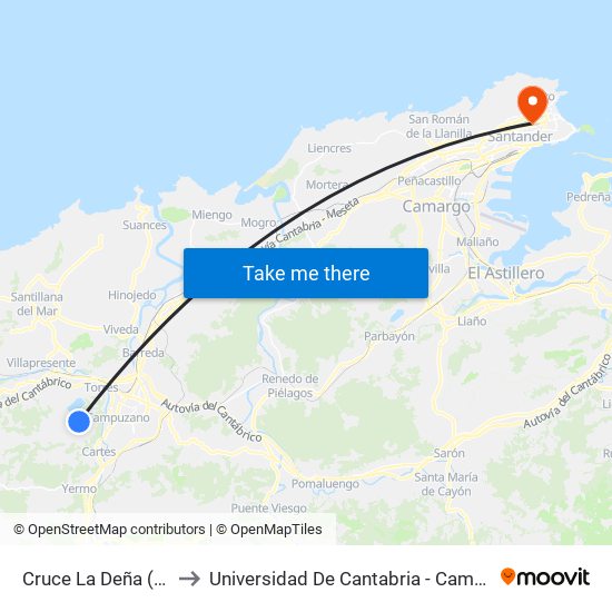 Cruce La Deña (Mijarojos) to Universidad De Cantabria - Campus De Santander map