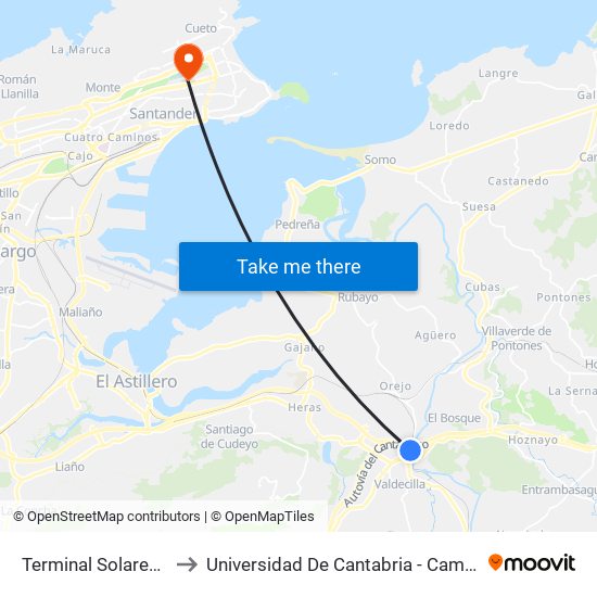 Terminal Solares (Solares) to Universidad De Cantabria - Campus De Santander map