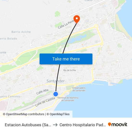 Estacion Autobuses (Santander) to Centro Hospitalario Padre Menni map