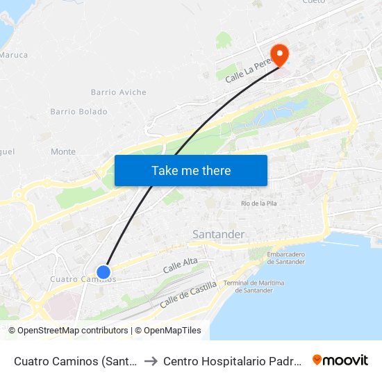 Cuatro Caminos (Santander) to Centro Hospitalario Padre Menni map