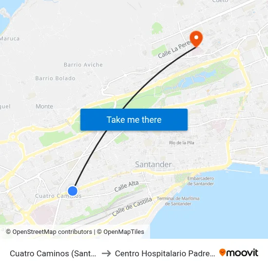 Cuatro Caminos (Santander) to Centro Hospitalario Padre Menni map