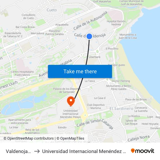 Valdenoja 25 to Universidad Internacional Menéndez Pelayo map