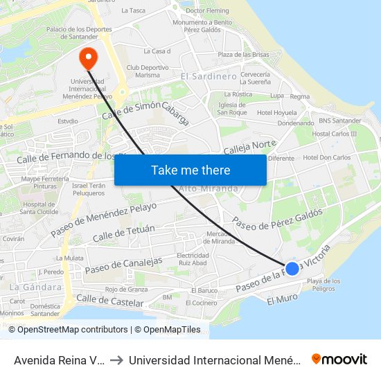 Avenida Reina Victoria to Universidad Internacional Menéndez Pelayo map