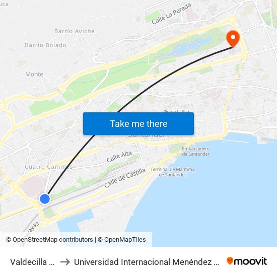 Valdecilla Sur to Universidad Internacional Menéndez Pelayo map