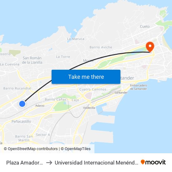 Plaza Amador Toca to Universidad Internacional Menéndez Pelayo map