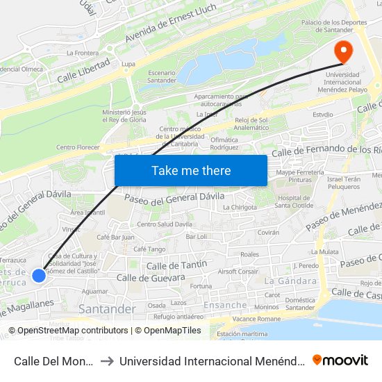 Calle Del Monte 12 to Universidad Internacional Menéndez Pelayo map