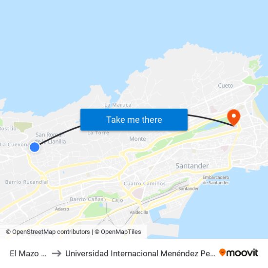 El Mazo 30 to Universidad Internacional Menéndez Pelayo map