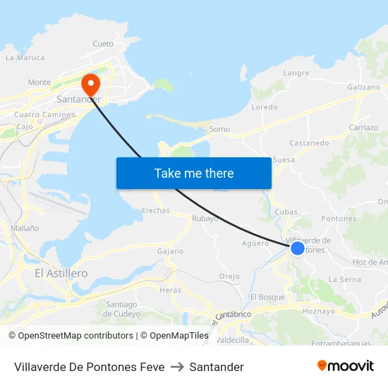 Villaverde De Pontones Feve to Santander map