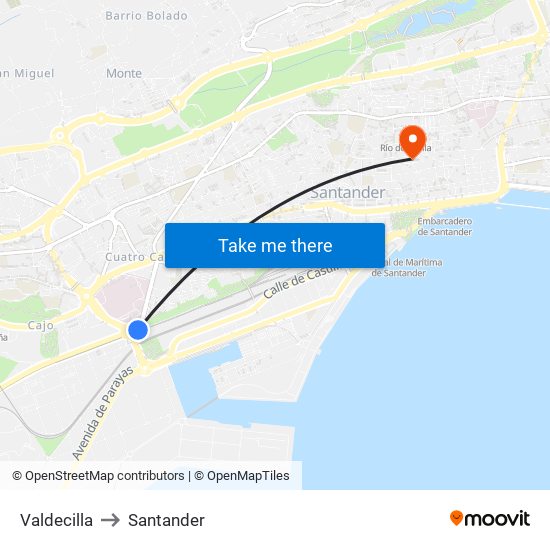 Valdecilla to Santander map