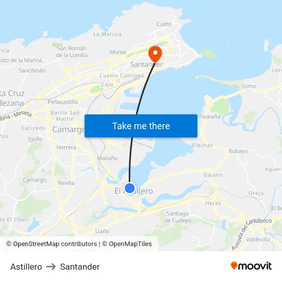Astillero to Santander map