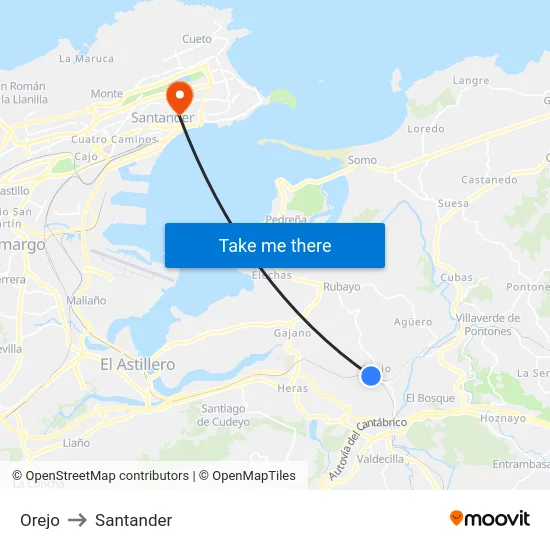 Orejo to Santander map