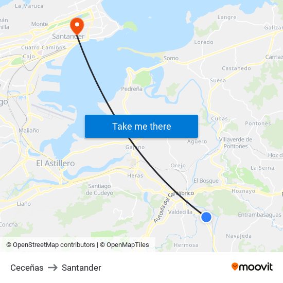 Ceceñas to Santander map