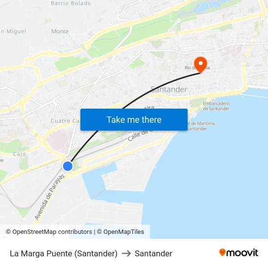 La Marga Puente (Santander) to Santander map