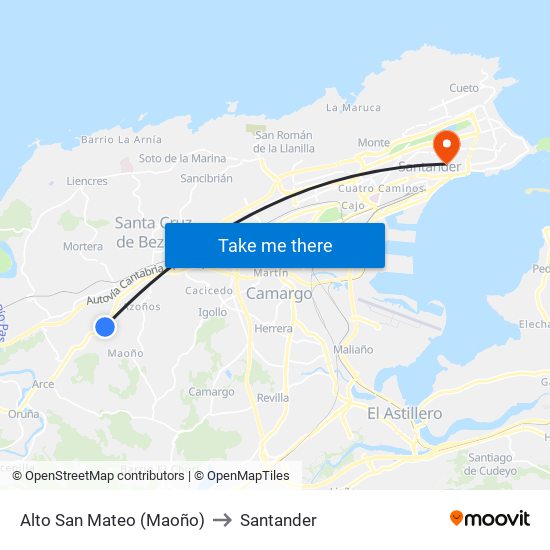 Alto San Mateo (Maoño) to Santander map