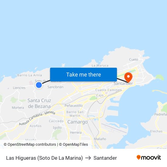 Las Higueras (Soto De La Marina) to Santander map