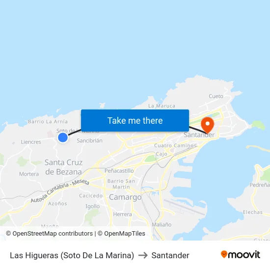 Las Higueras (Soto De La Marina) to Santander map