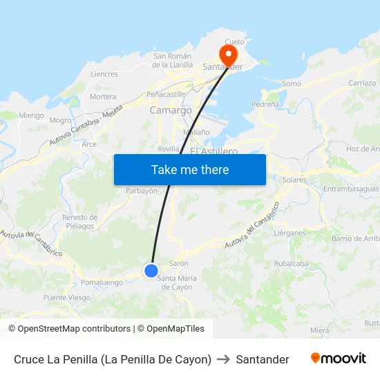 Cruce La Penilla (La Penilla De Cayon) to Santander map