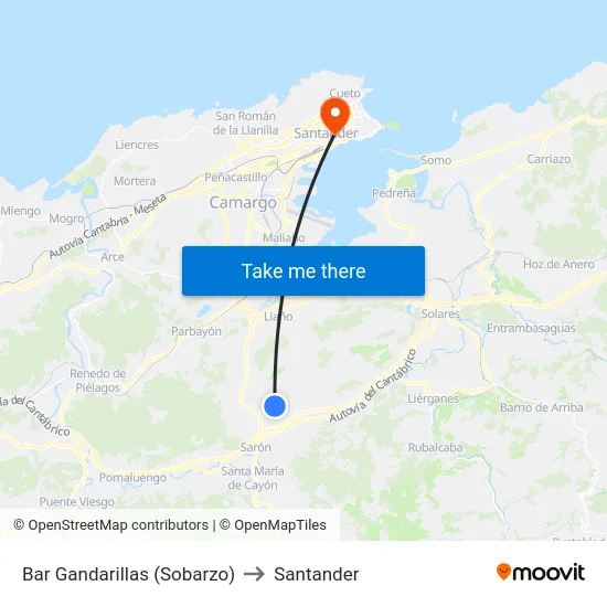 Bar Gandarillas (Sobarzo) to Santander map
